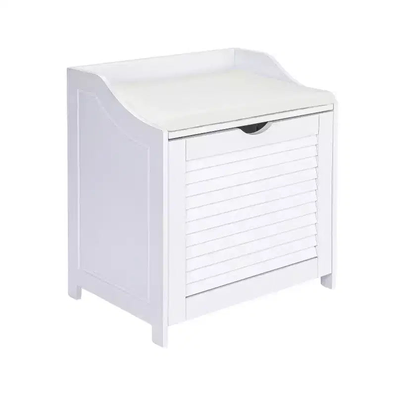 Household Essentials Design Trends Bench Hamper with Shutter Front and Foam Cushion White: Clothes Hamper with Lid, Removable Liner