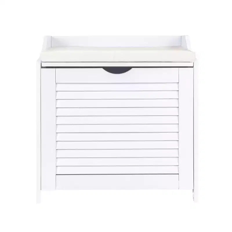 Household Essentials Design Trends Banc à linge avec façade à persiennes et coussin en mousse blanc : panier à linge avec couvercle, doublure amovible