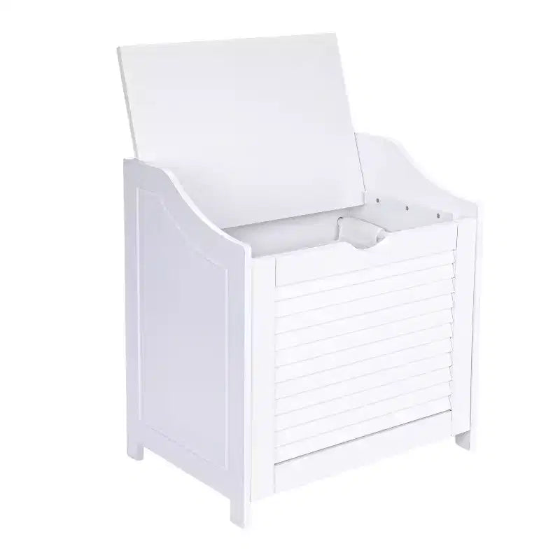 Household Essentials Design Trends Banc à linge avec façade à persiennes et coussin en mousse blanc : panier à linge avec couvercle, doublure amovible