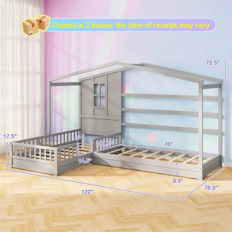 Lits superposés en L avec plateforme en forme de maison, fenêtre et barrières – Gris/Blanc