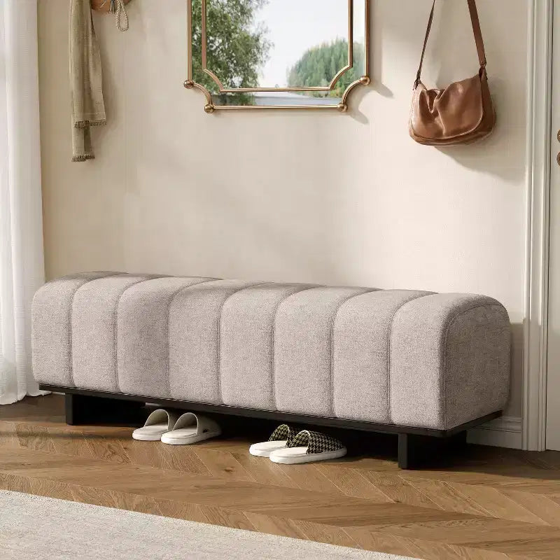 Banc de salle à manger moderne en fausse fourrure capitonnée avec pieds en bois d'hévéa, 63,62