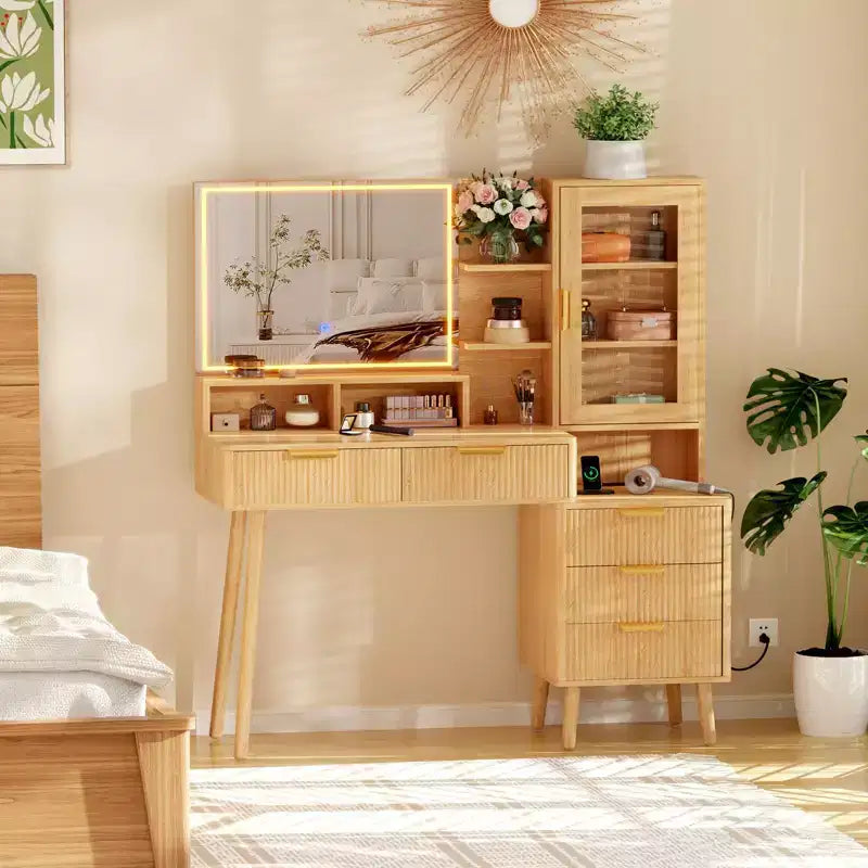 COZONY Coiffeuse 5 tiroirs avec lumières et prise de courant, table de maquillage cannelée avec miroir éclairé de 23,6 pouces
