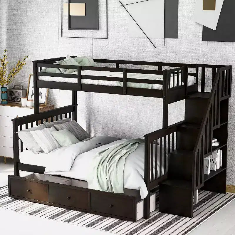 Lit superposé avec escalier, couchage double supérieur et couchage double inférieur, avec tiroir, rangement et garde-corps pour chambre à coucher, dortoir, pour adultes, couleur blanche
