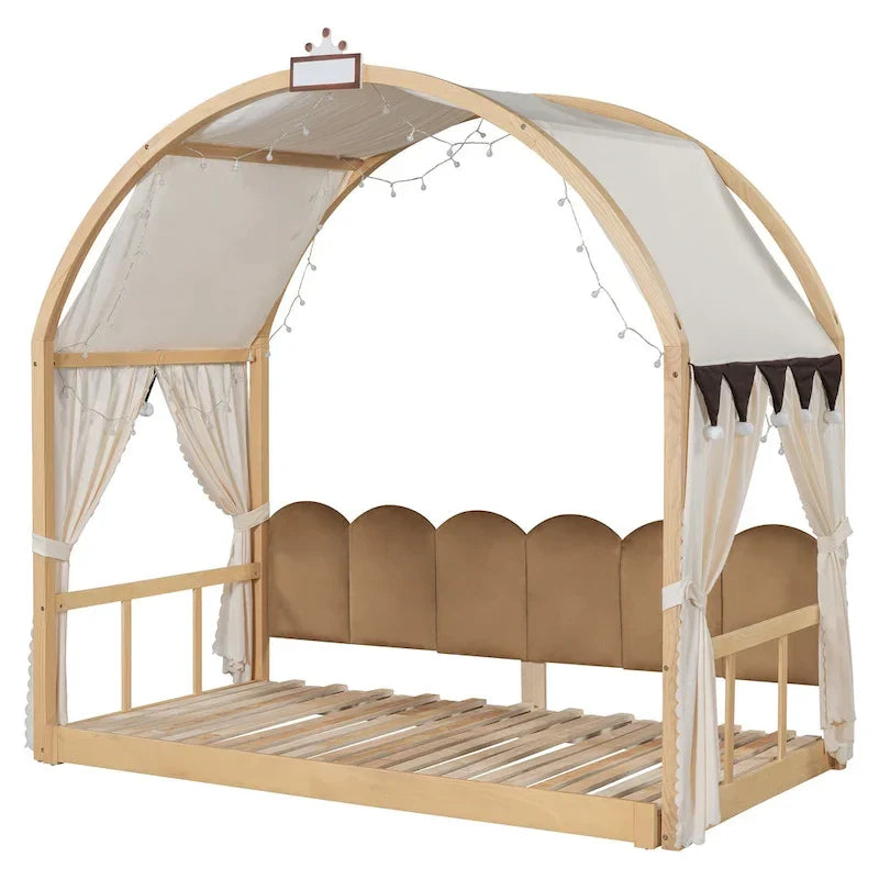 Lit plateforme Montessori au sol en bois massif, style maisonnette avec toit arqué et lit gigogne, pour filles et garçons