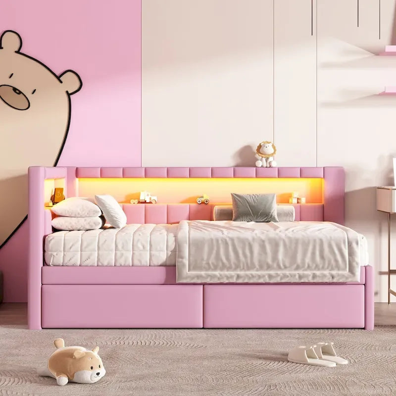 Lit plateforme rembourré avec ports USB et éclairage LED - Cadre de lit double/simple avec 2 tiroirs de rangement - Chambre moderne
