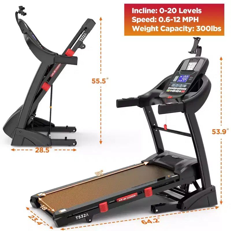 Déstockage Tapis de Course : Tapis de Course Électrique Portable avec Poignées, Inclinaison Automatique 20%, Moteur 4.5 CV, Application Bluetooth pour Maison/Bureau, Machine de Marche et Course