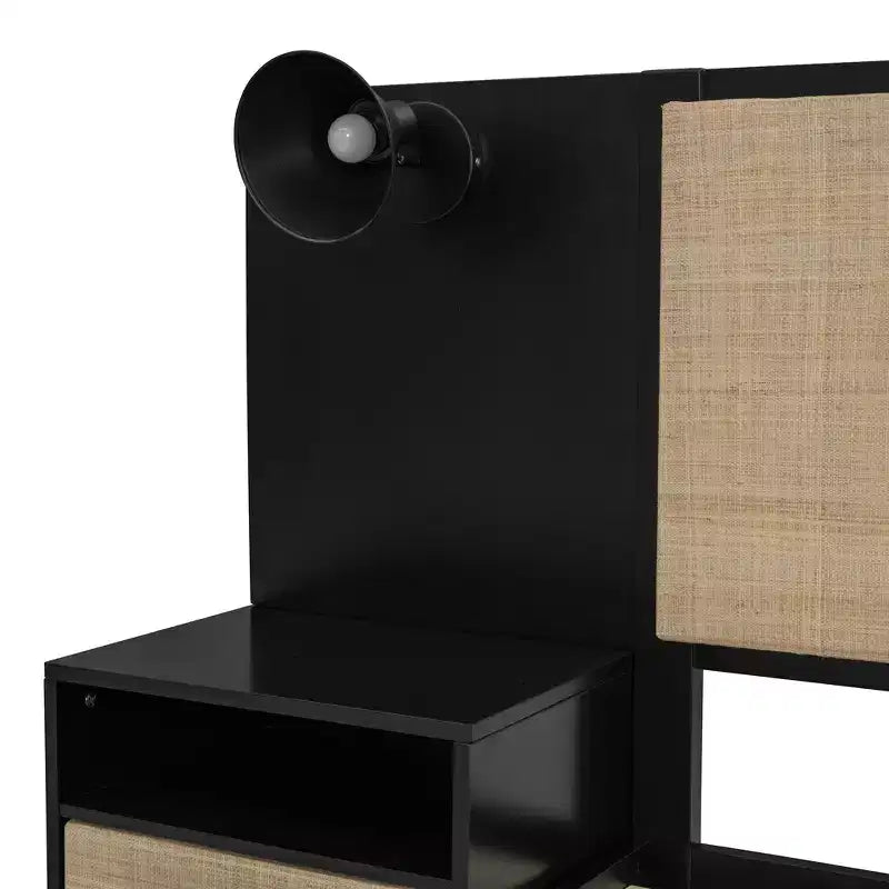 Cadre de lit Queen Size en bois massif avec 2 tables de chevet, lit plateforme élégant en rotin et bois combiné avec lampes - ModernLuxe