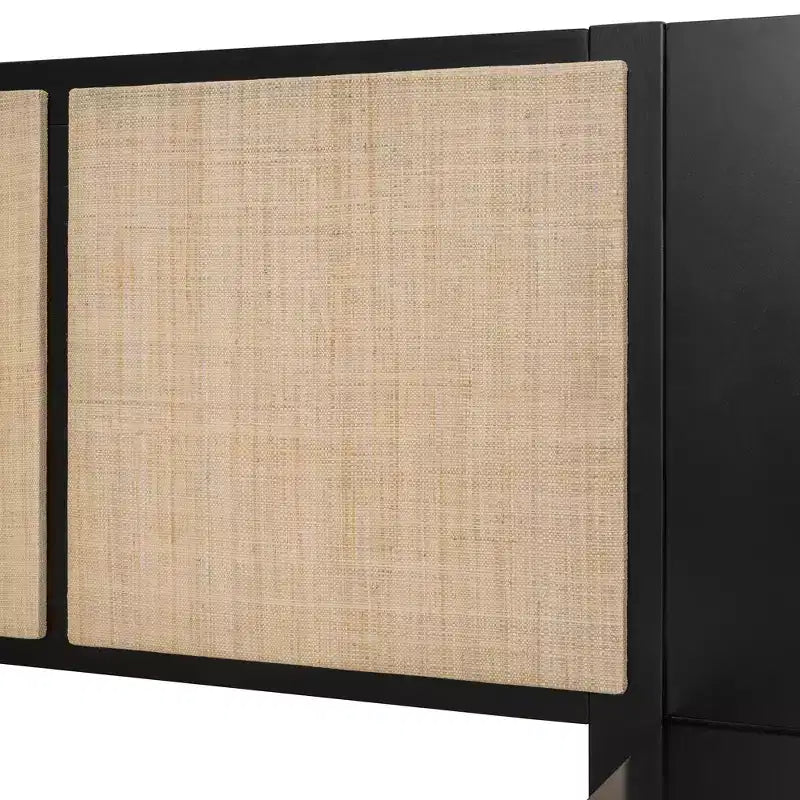 Cadre de lit Queen Size en bois massif avec 2 tables de chevet, lit plateforme élégant en rotin et bois combiné avec lampes - ModernLuxe