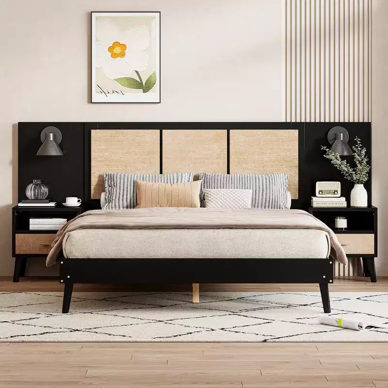 Cadre de lit Queen Size en bois massif avec 2 tables de chevet, lit plateforme élégant en rotin et bois combiné avec lampes - ModernLuxe