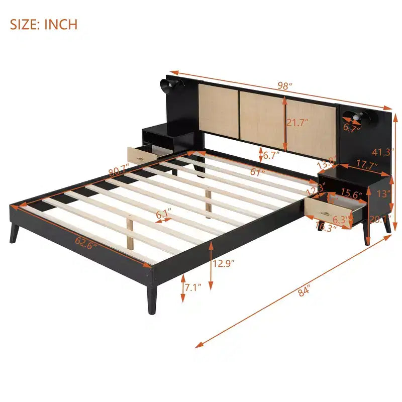 Cadre de lit Queen Size en bois massif avec 2 tables de chevet, lit plateforme élégant en rotin et bois combiné avec lampes - ModernLuxe