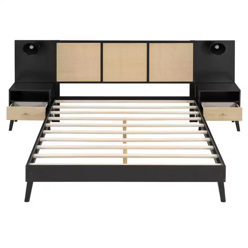 Cadre de lit Queen Size en bois massif avec 2 tables de chevet, lit plateforme élégant en rotin et bois combiné avec lampes - ModernLuxe