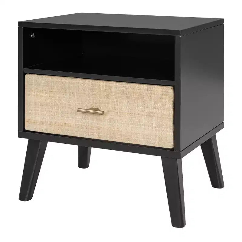 Cadre de lit Queen Size en bois massif avec 2 tables de chevet, lit plateforme élégant en rotin et bois combiné avec lampes - ModernLuxe