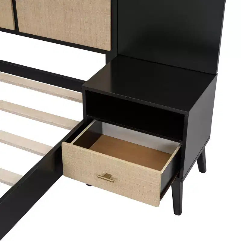 Cadre de lit Queen Size en bois massif avec 2 tables de chevet, lit plateforme élégant en rotin et bois combiné avec lampes - ModernLuxe