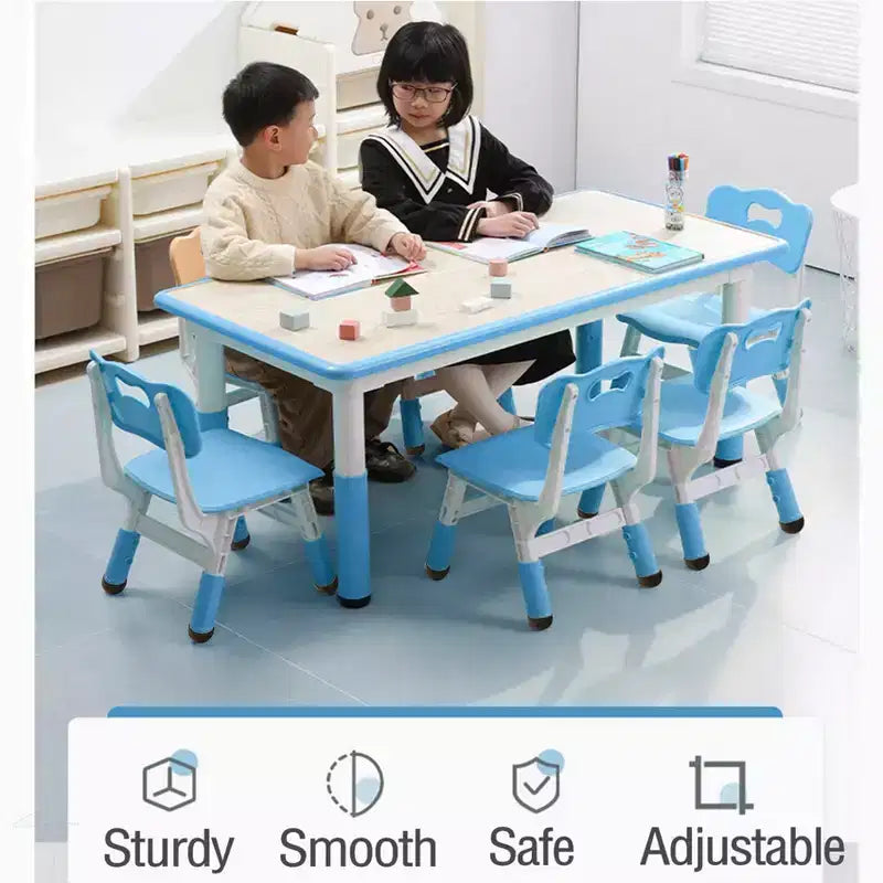 Ensemble Table et Chaises pour Enfants, Bureau Réglable en Hauteur avec 6 Sièges pour 2-10 Ans, Table d'Activités Manuelles, Plateau à Dessins, Pieds Antidérapants