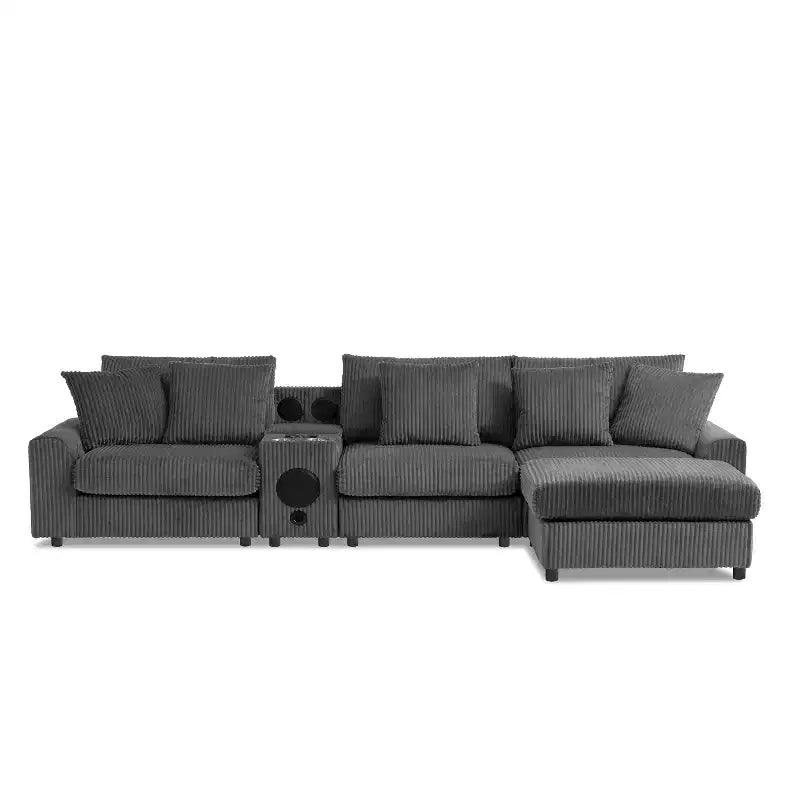 Canapé d'angle en velours côtelé de 290 cm avec haut-parleurs Bluetooth, chargeur USB, porte-gobelets et pouf - ModernLuxe