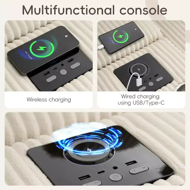 Canapé d'angle en velours côtelé de 290 cm avec haut-parleurs Bluetooth, chargeur USB, porte-gobelets et pouf - ModernLuxe