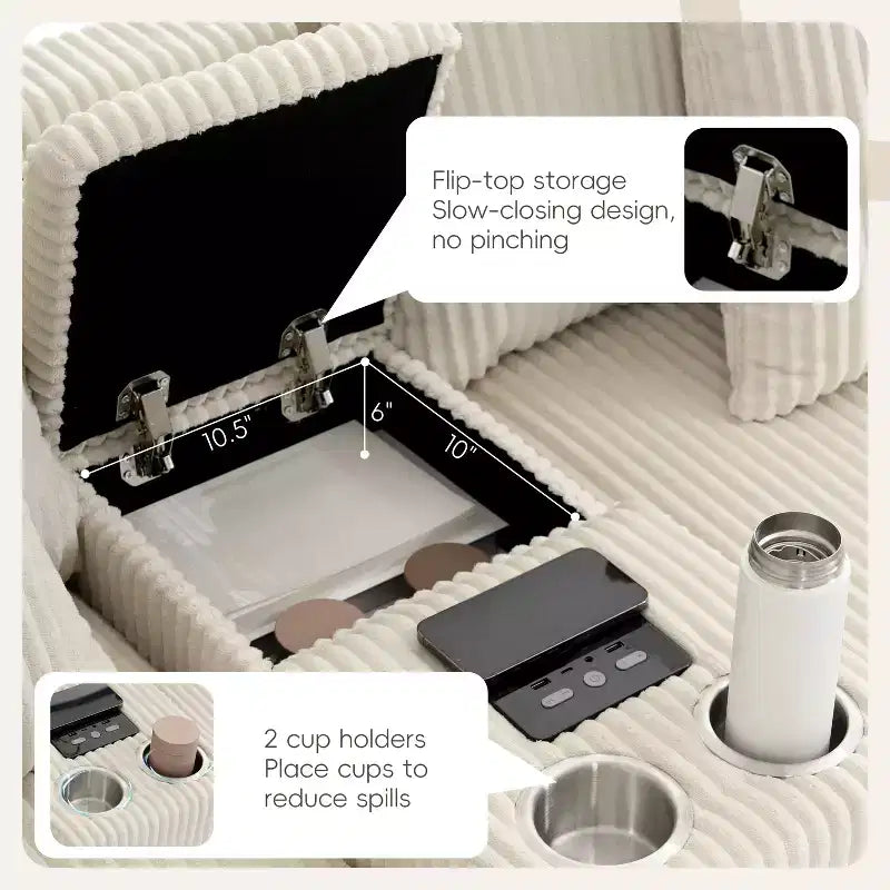 Canapé d'angle en velours côtelé de 290 cm avec haut-parleurs Bluetooth, chargeur USB, porte-gobelets et pouf - ModernLuxe