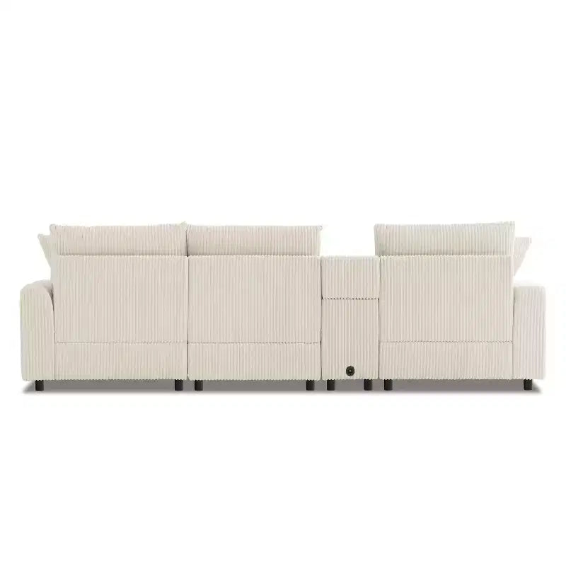 Canapé d'angle en velours côtelé de 290 cm avec haut-parleurs Bluetooth, chargeur USB, porte-gobelets et pouf - ModernLuxe