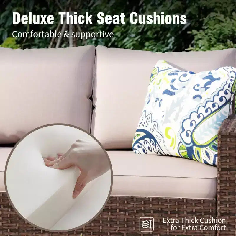 Ensemble de Patio Extérieur 7 Pièces en Rotin et Osier Captiva Designs avec Coussin, Foyer, Ottomans et Causeuse