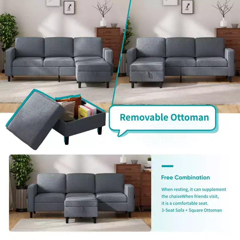 Canapé modulable Mjkone, canapé 3 places en tissu de lin en forme de L avec pouf de rangement