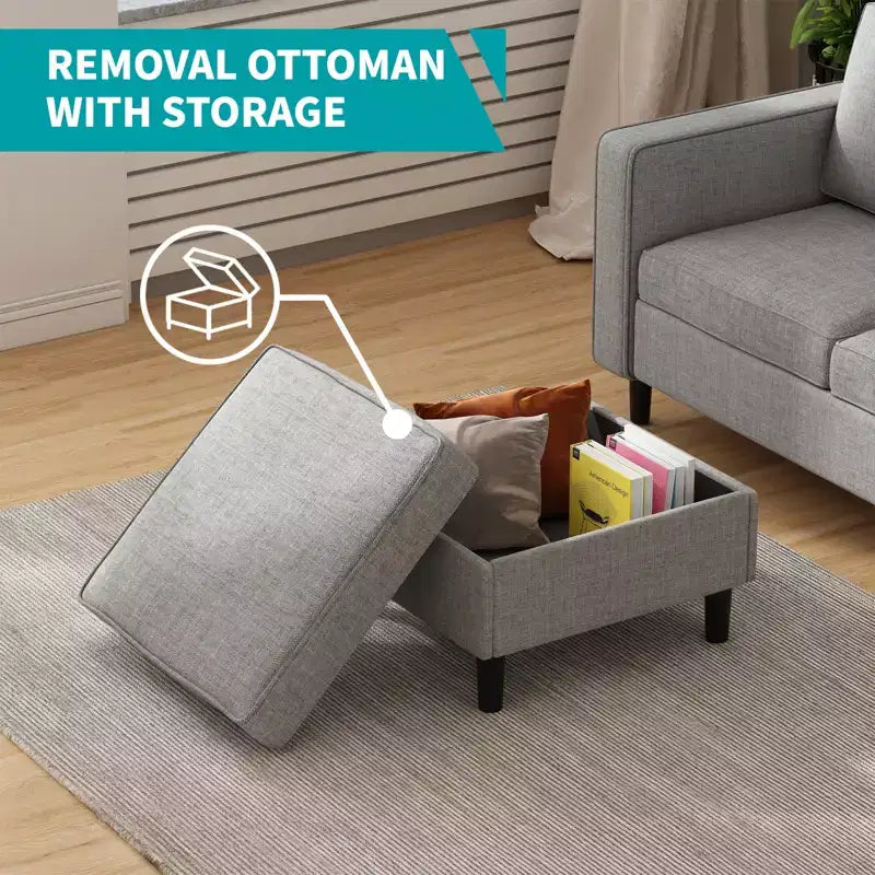 Canapé modulable Mjkone, canapé 3 places en tissu de lin en forme de L avec pouf de rangement