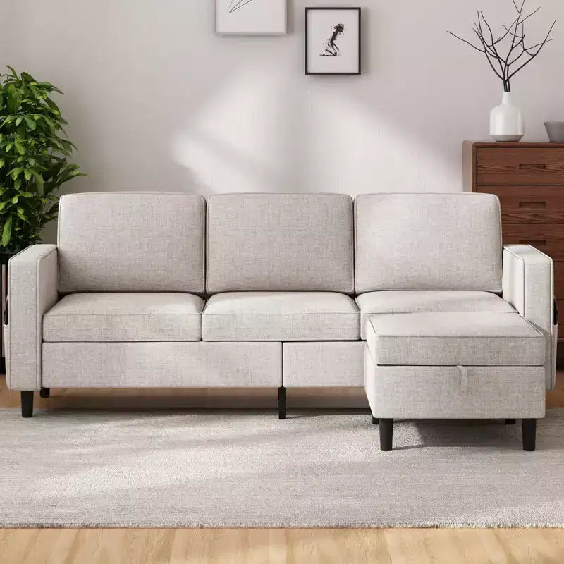 Canapé modulable Mjkone, canapé 3 places en tissu de lin en forme de L avec pouf de rangement