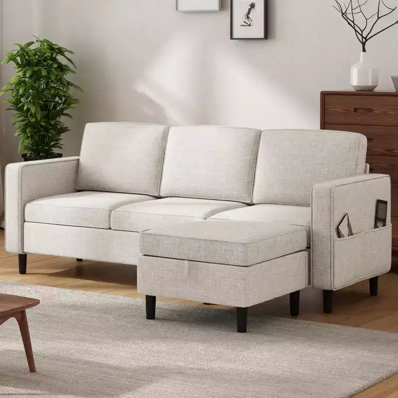Canapé modulable Mjkone, canapé 3 places en tissu de lin en forme de L avec pouf de rangement