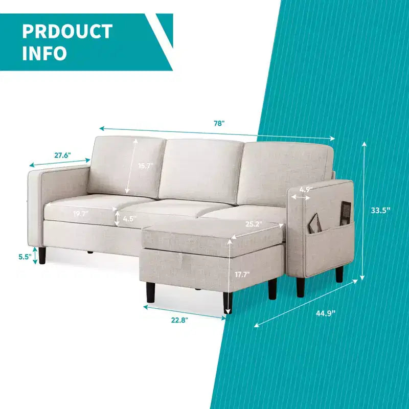 Canapé modulable Mjkone, canapé 3 places en tissu de lin en forme de L avec pouf de rangement