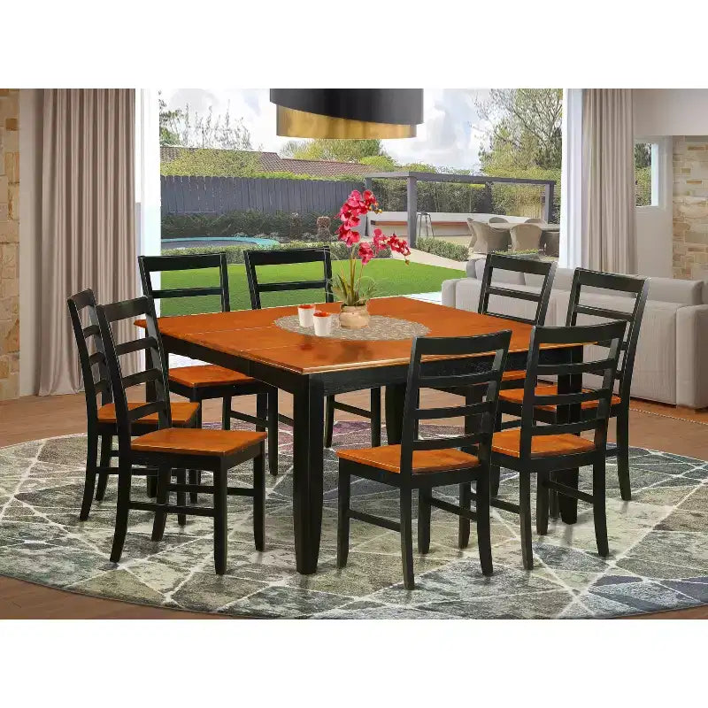 Modern Dining Table Set 54x54 Square Table Butterfly Leaf 8 Chairs Black Cherry Finish