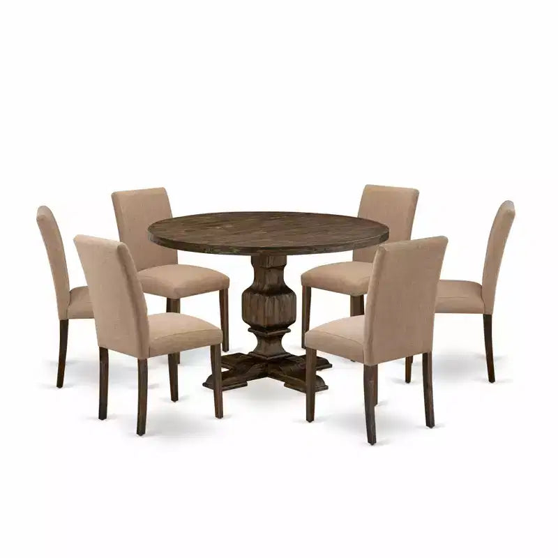 Ensemble de salle à manger 7 pièces HomeStock, table ronde, 6 chaises Parsons, finition jacobéenne vieillie, sable clair