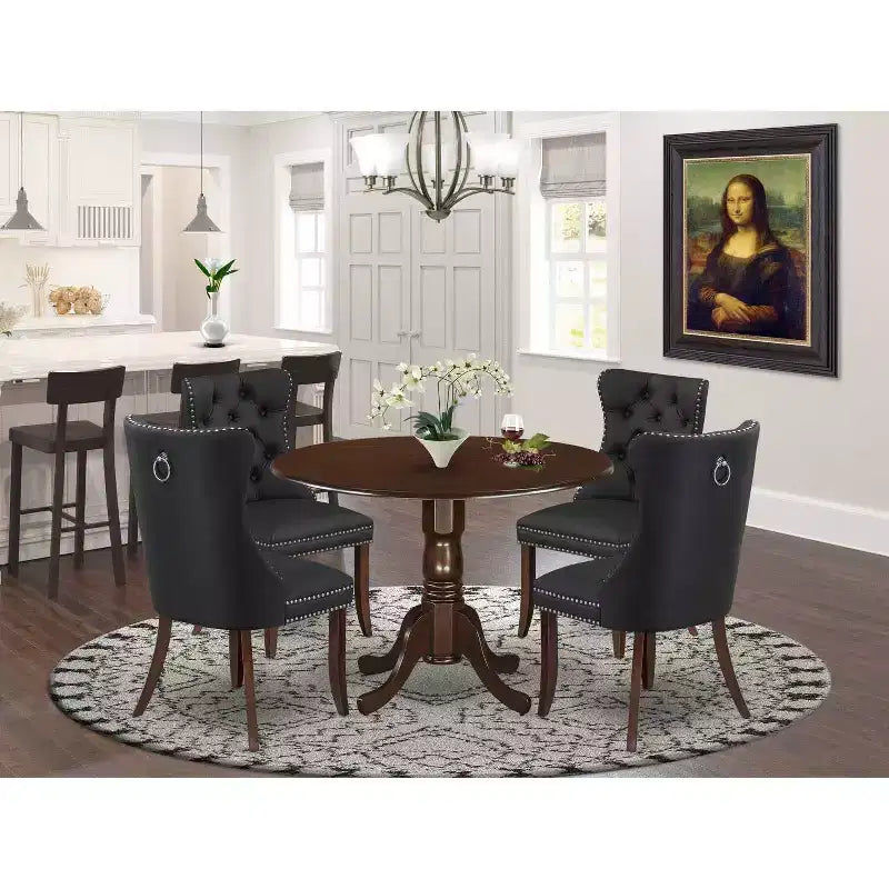 HomeStock Round Dropleaf Dining Set Mahogany Dark Gray