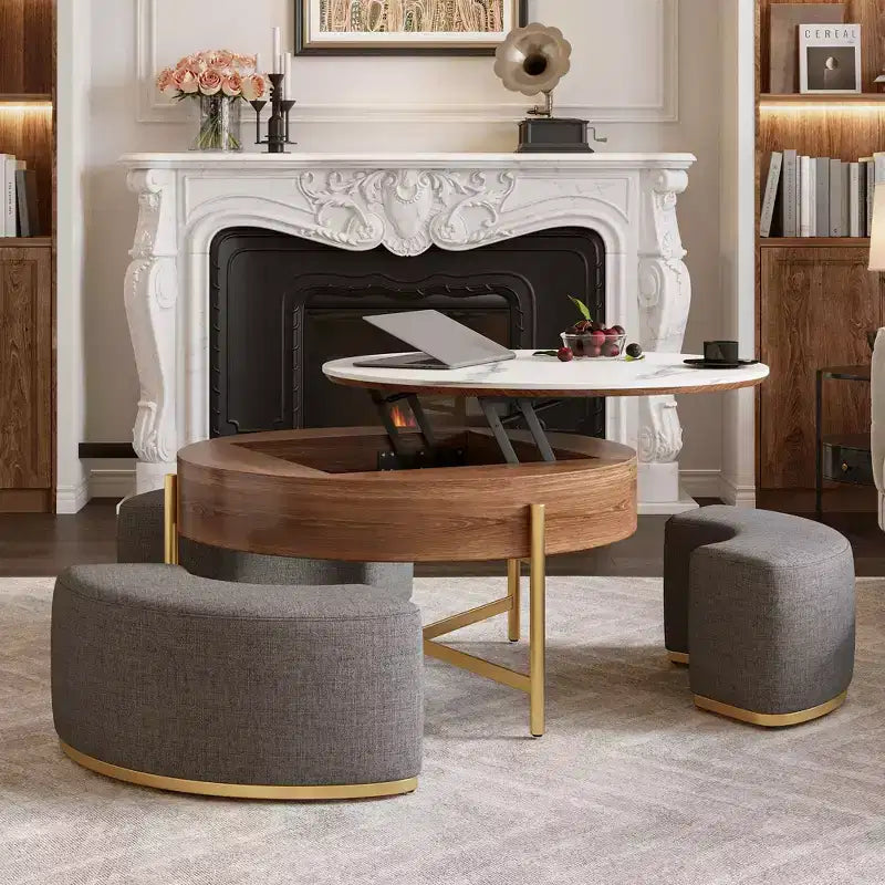 GDFStudio Marsh 4 Piece 31.5 Round Lift-Top Coffee Table Set with Storage and 3 Nesting Stools