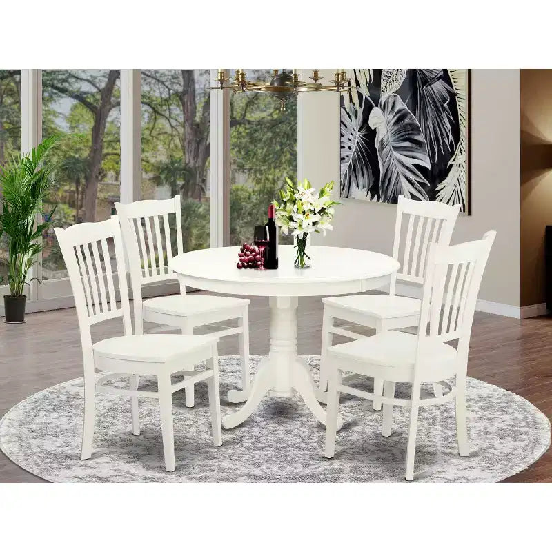 HomeStock 5 Piece Round Dining Room Table Set Black Linen Fabric Chairs