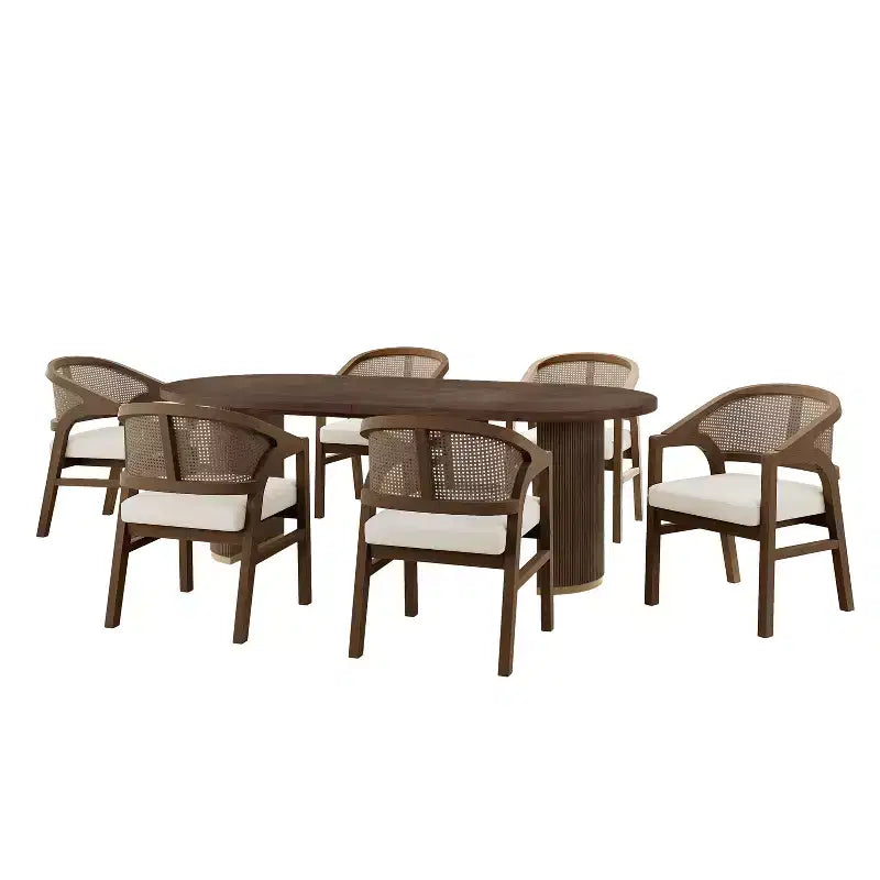 Christopher Knight Home Ilumia - Chaises de salle à manger capitonnées rustiques en rotin et bois d'hévéa, 7 pièces, avec table ovale à double piédestal