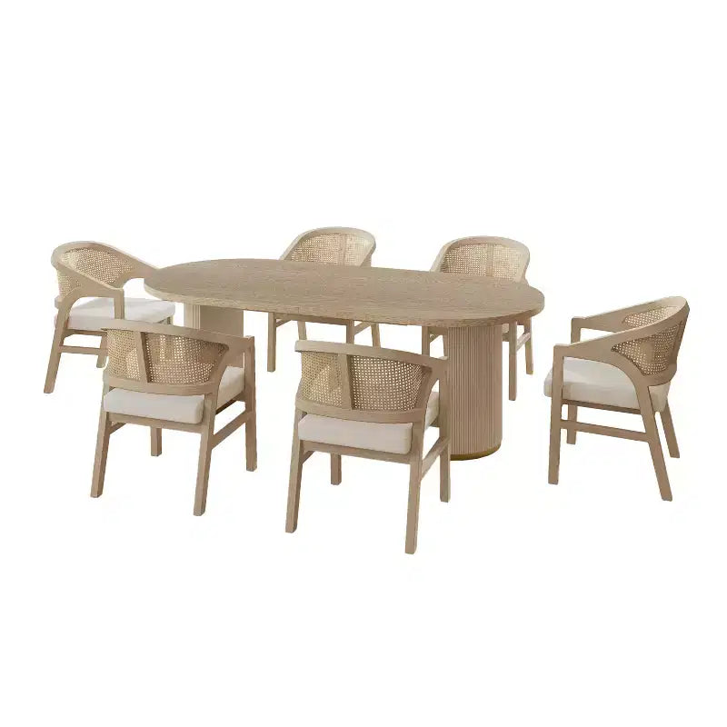Christopher Knight Home Ilumia - Chaises de salle à manger capitonnées rustiques en rotin et bois d'hévéa, 7 pièces, avec table ovale à double piédestal