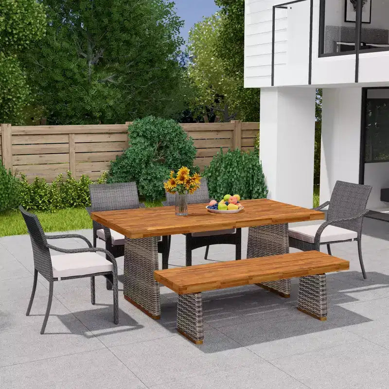 Christopher Knight Home Varesa Rustic 6 Piece Outdoor Rattan Acacia Wood Dining Set with Cushions