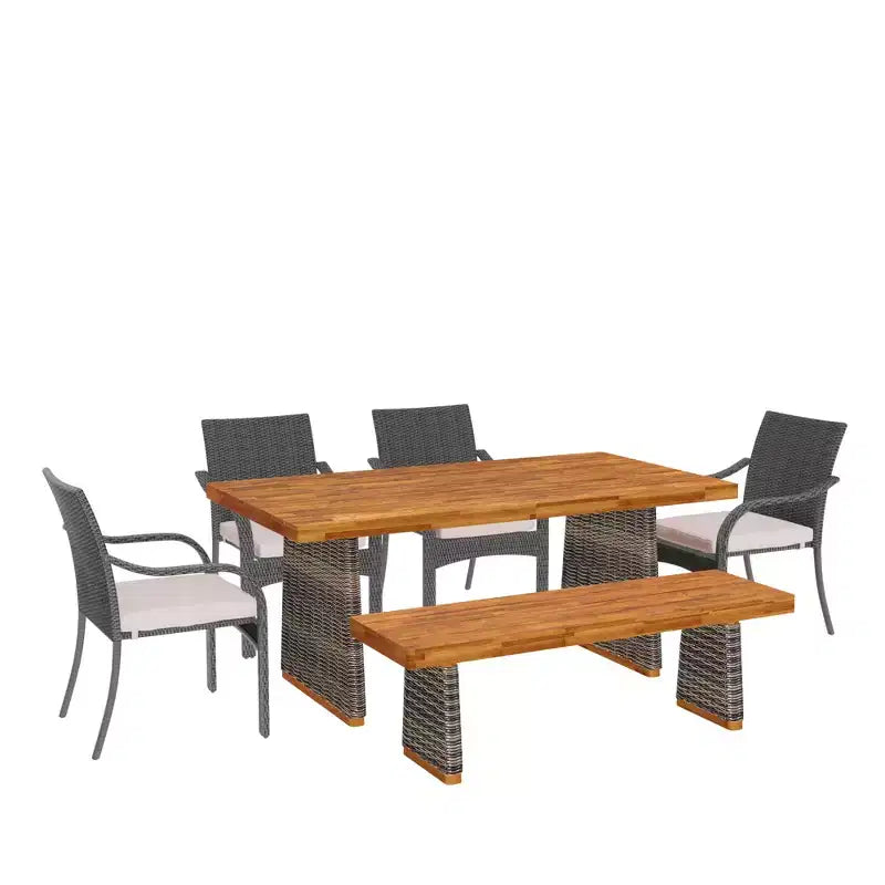 Christopher Knight Home Varesa Ensemble de salle à manger d'extérieur rustique 6 pièces en rotin et bois d'acacia avec coussins