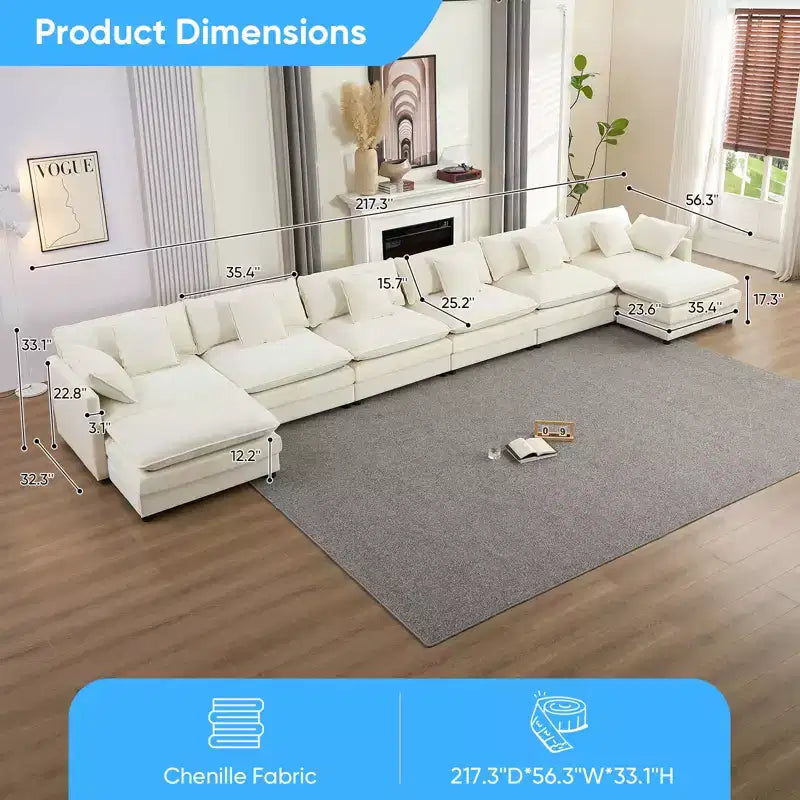 217''U-Shaped Modular Sectional Sofa,8-Seat Cloud Couch with Ottoman and Cushions,Sleeper Deep Seat Couches