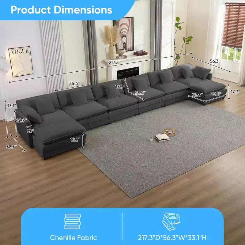 217''U-Shaped Modular Sectional Sofa,8-Seat Cloud Couch with Ottoman and Cushions,Sleeper Deep Seat Couches