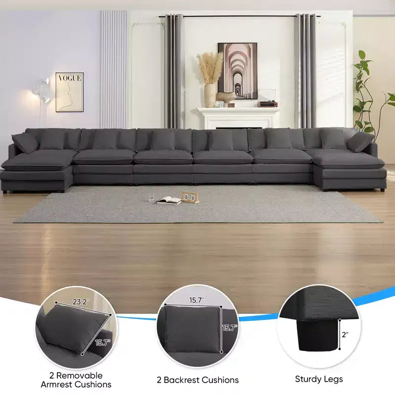 217''U-Shaped Modular Sectional Sofa,8-Seat Cloud Couch with Ottoman and Cushions,Sleeper Deep Seat Couches