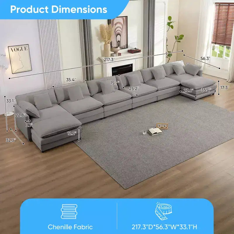 217''U-Shaped Modular Sectional Sofa,8-Seat Cloud Couch with Ottoman and Cushions,Sleeper Deep Seat Couches