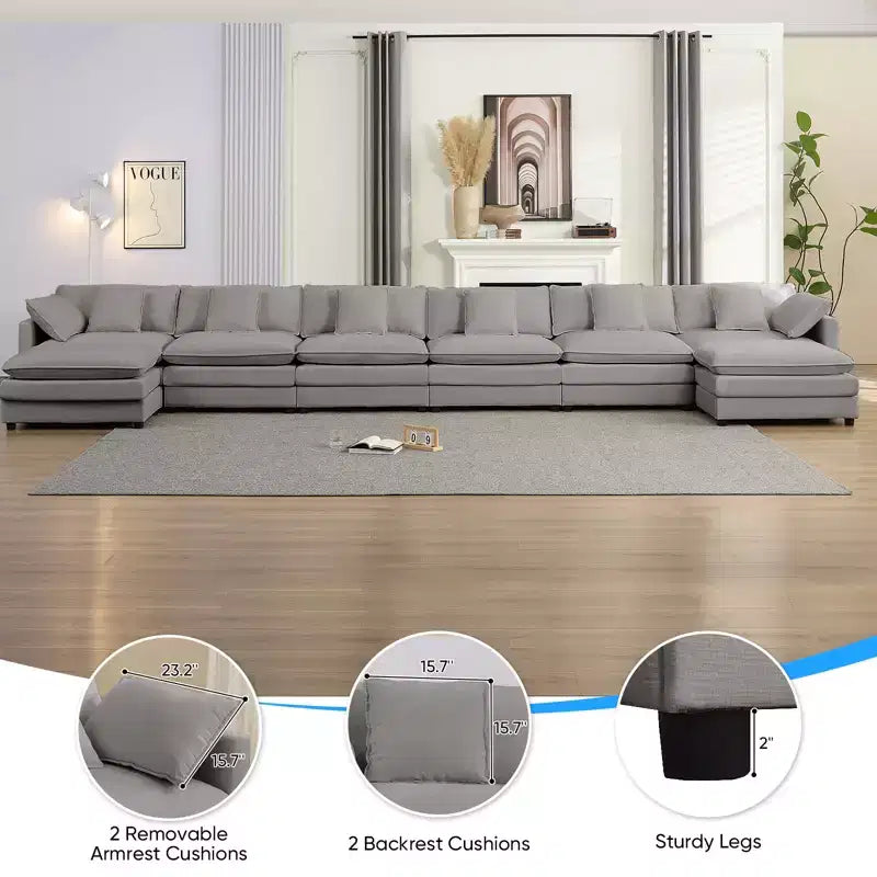 217''U-Shaped Modular Sectional Sofa,8-Seat Cloud Couch with Ottoman and Cushions,Sleeper Deep Seat Couches