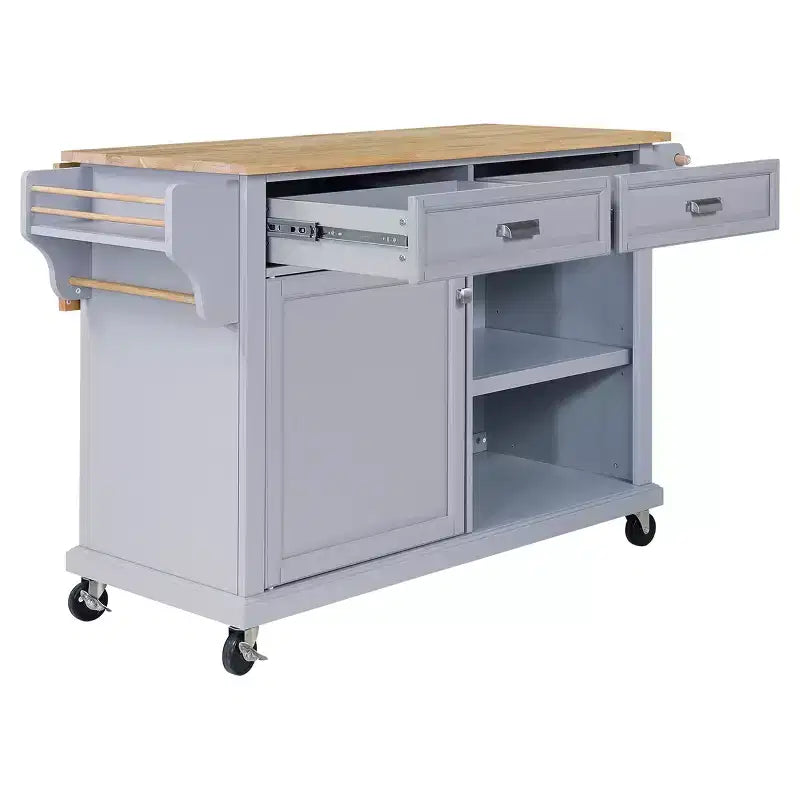 Îlot de Cuisine Roulant, Îlot de Cuisine Mobile avec 2 Grands Tiroirs, Porte-Serviettes et Porte-Épices, 2 Compartiments de Rangement Spacieux avec Réglable