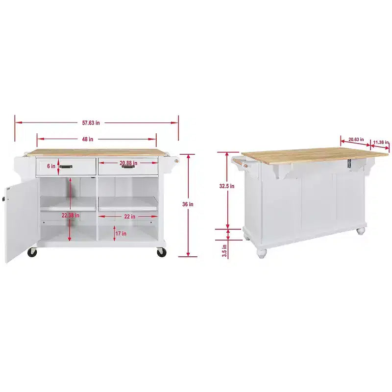 Îlot de Cuisine Roulant, Îlot de Cuisine Mobile avec 2 Grands Tiroirs, Porte-Serviettes et Porte-Épices, 2 Compartiments de Rangement Spacieux avec Réglable