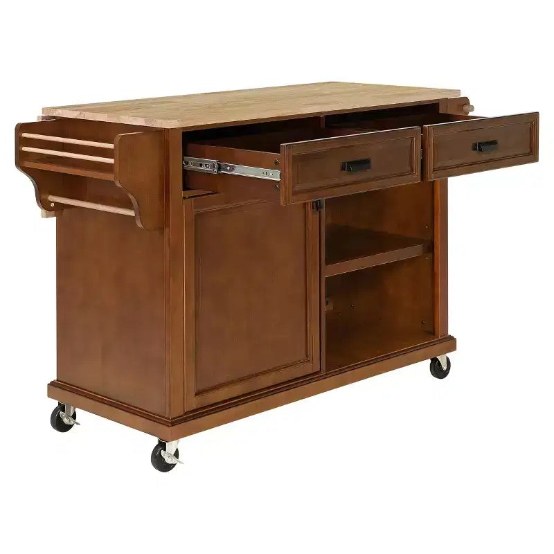 Îlot de Cuisine Roulant, Îlot de Cuisine Mobile avec 2 Grands Tiroirs, Porte-Serviettes et Porte-Épices, 2 Compartiments de Rangement Spacieux avec Réglable