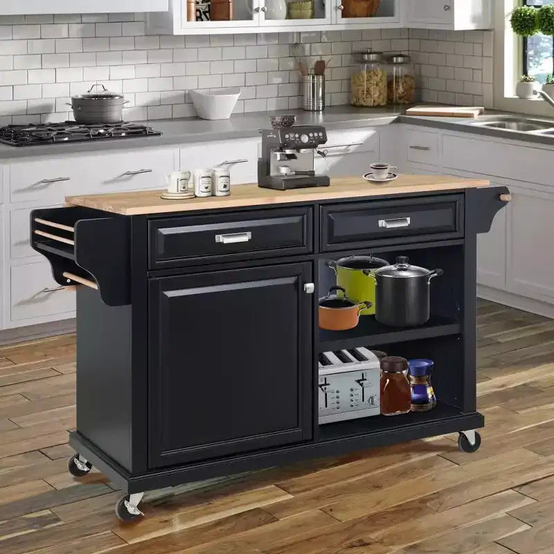 Rolling Kitchen Island, Mobile Kitchen Island with 2 Large Drawers, Towel and Seasoning Rack, 2 Spacious Storage Compartments with Adjustable
