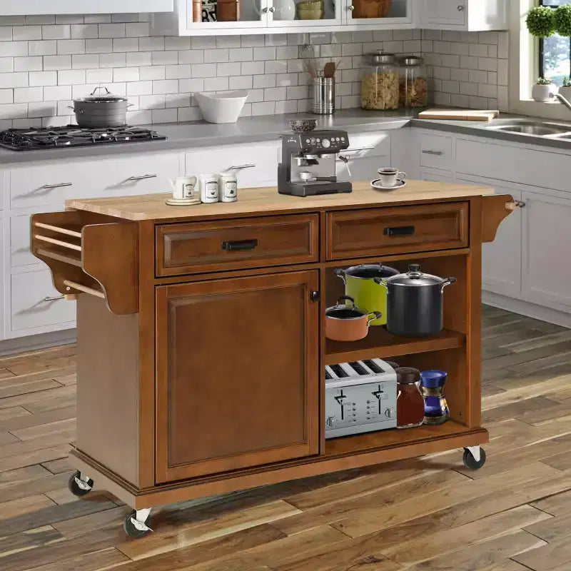 Îlot de Cuisine Roulant, Îlot de Cuisine Mobile avec 2 Grands Tiroirs, Porte-Serviettes et Porte-Épices, 2 Compartiments de Rangement Spacieux avec Réglable