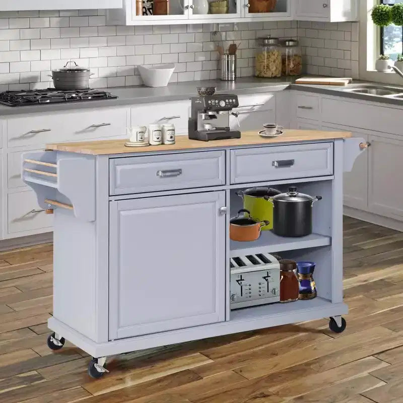 Îlot de Cuisine Roulant, Îlot de Cuisine Mobile avec 2 Grands Tiroirs, Porte-Serviettes et Porte-Épices, 2 Compartiments de Rangement Spacieux avec Réglable