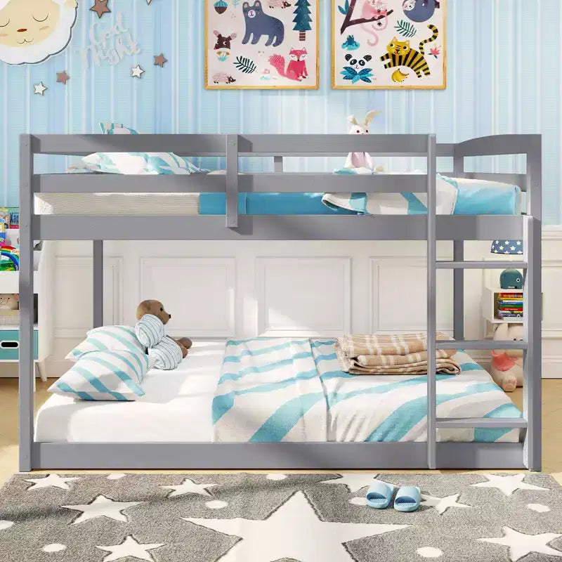 Full Over Full Bunk Bed with Full-length Guardrails & Integrated Ladder Gray/White