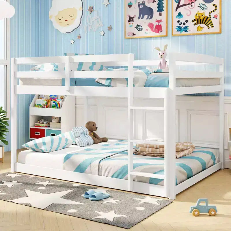 Full Over Full Bunk Bed with Full-length Guardrails & Integrated Ladder Gray/White